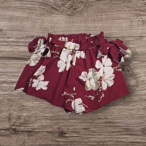 ⭐️SHEIN Burgundy Floral Paper Bag Waist Shorts Size Med